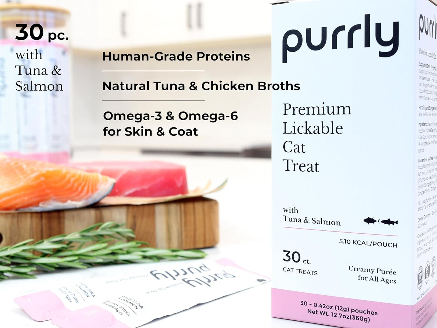 Purrly Squeezable Cat Treats Wet Healthy Interactive Hydrating Human-Grade Tuna & Salmon with Omega-3 & 6 for Skin & Coat (30 Count) Lickable Healthy Creamy Puree