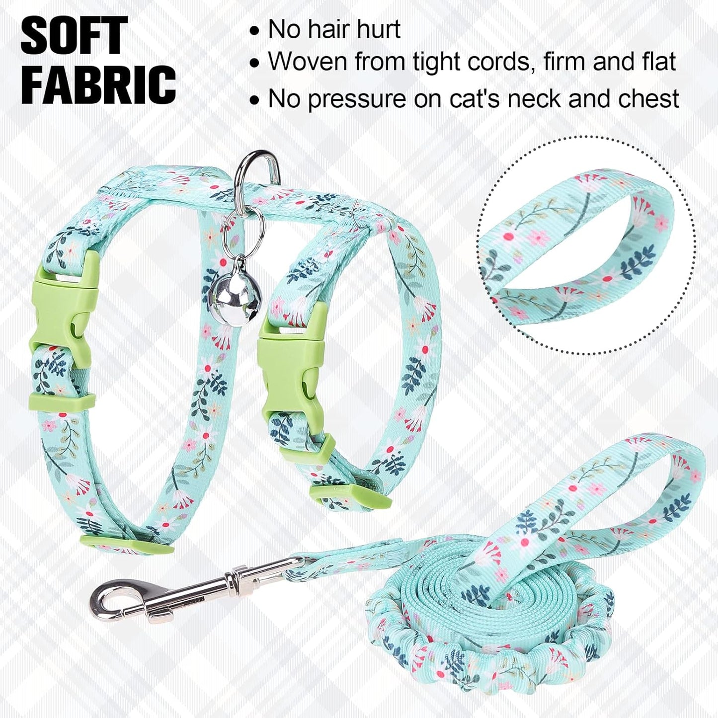 BEAUTYZOO Cat Harness and Leash Set Escape Proof for Walking, Kitten Soft Adjustable Vest Harnesses for Small Medium Large Cats, Easy Control Breathable Plaid Ribbon Nylon for Outdoor Indoor Use