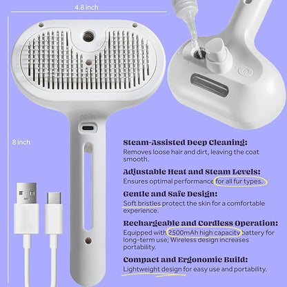 Cat Steam Brush, 3 in 1 Pet Hair Removal Tool, Self Cleaning Steamy Cat Brush for Massage, Dog Brush for Shedding, Cat&Dog Hair Remover