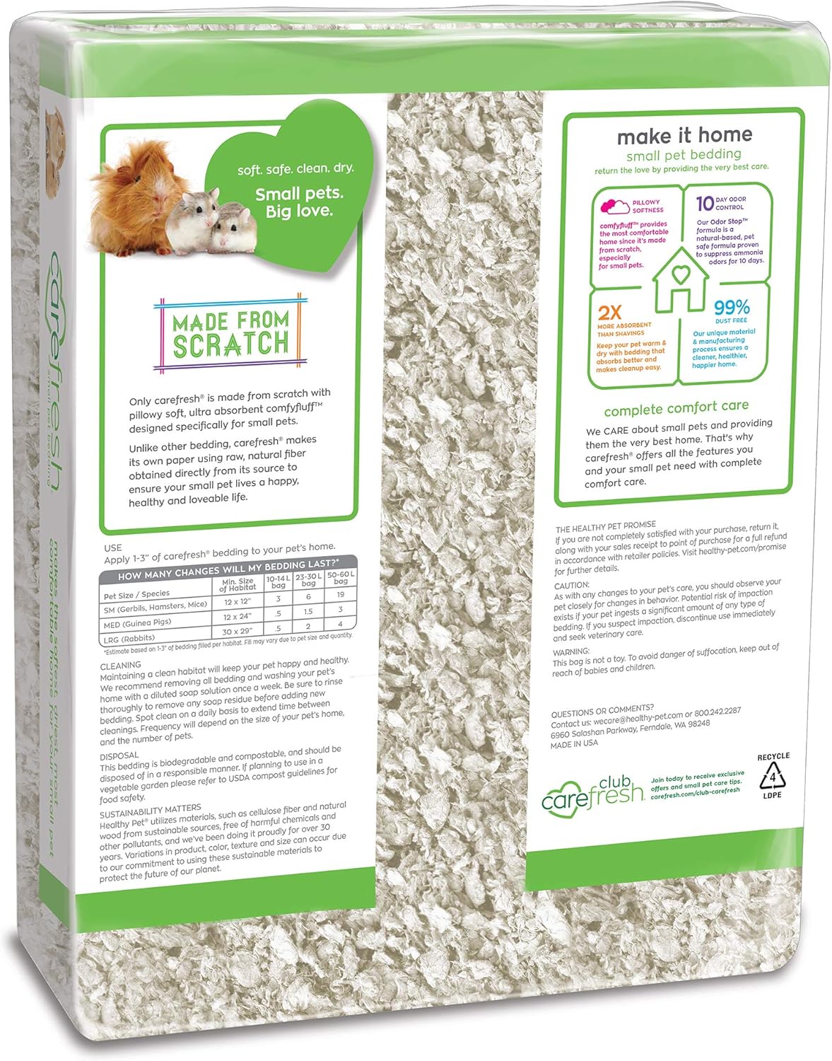 Carefresh 99% Dust-Free White Natural Paper Small Pet Bedding with Superior 10 Day Odor Control & Absorption, for Guinea Pigs, Hamsters, Rabbits, & Rats, 60 L