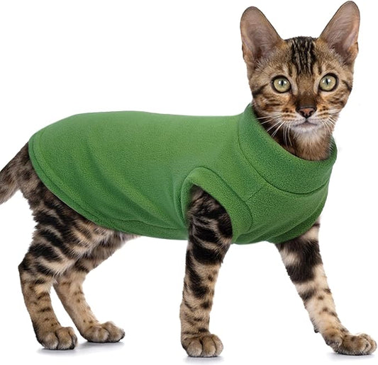 PUMYPOREITY Fleece Sphynx Cat Clothes, Warm Thick Cat Sweater, Soft Winter Coat for Hairless Cats, Cold Weather Pet Sweater for Dogs and Cats, Green, XL