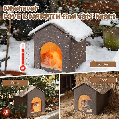 Insulated Outdoor Cat House Weatherproof, Winter Cat Houses for Outdoor Cats with Heated-Foil, Waterproof Feral Stray Cat Shelter with Warm Mat and Door Curtain, Easy to Assemble, Brown