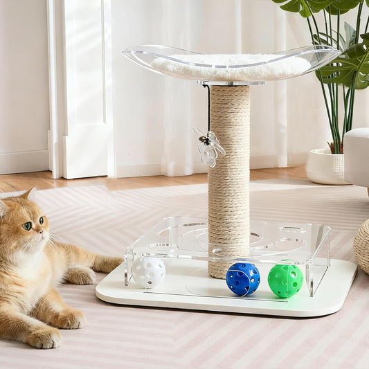 Modern 3-in-1 Interactive Cat Toy with Puzzle Box, Cat Bed/Perch & Scratching Posts, Colorful Jingle Balls, Dangling Accent, Puzzle Toys for Indoor Cats, Acrylic, White