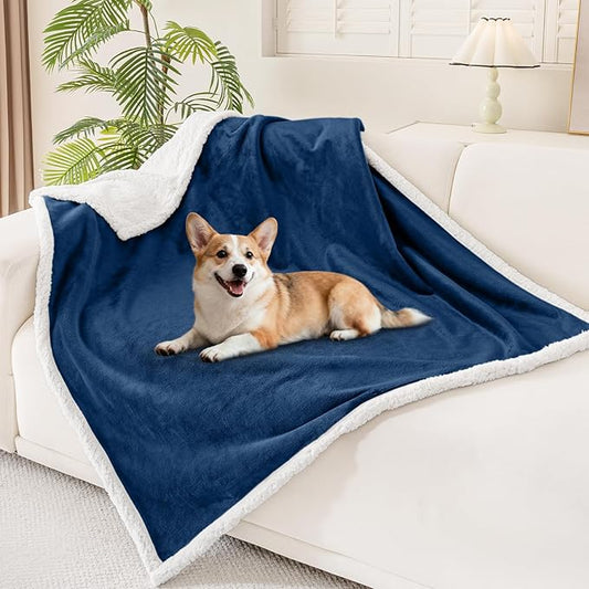 Smiry Waterproof Blanket Throw for Large Dogs, Soft Reversible Dog Blanket for Sofa Couch Bed, Washable Leakproof Sherpa Fleece Furniture Couch Cover Protector(50"x60", Navy/White)