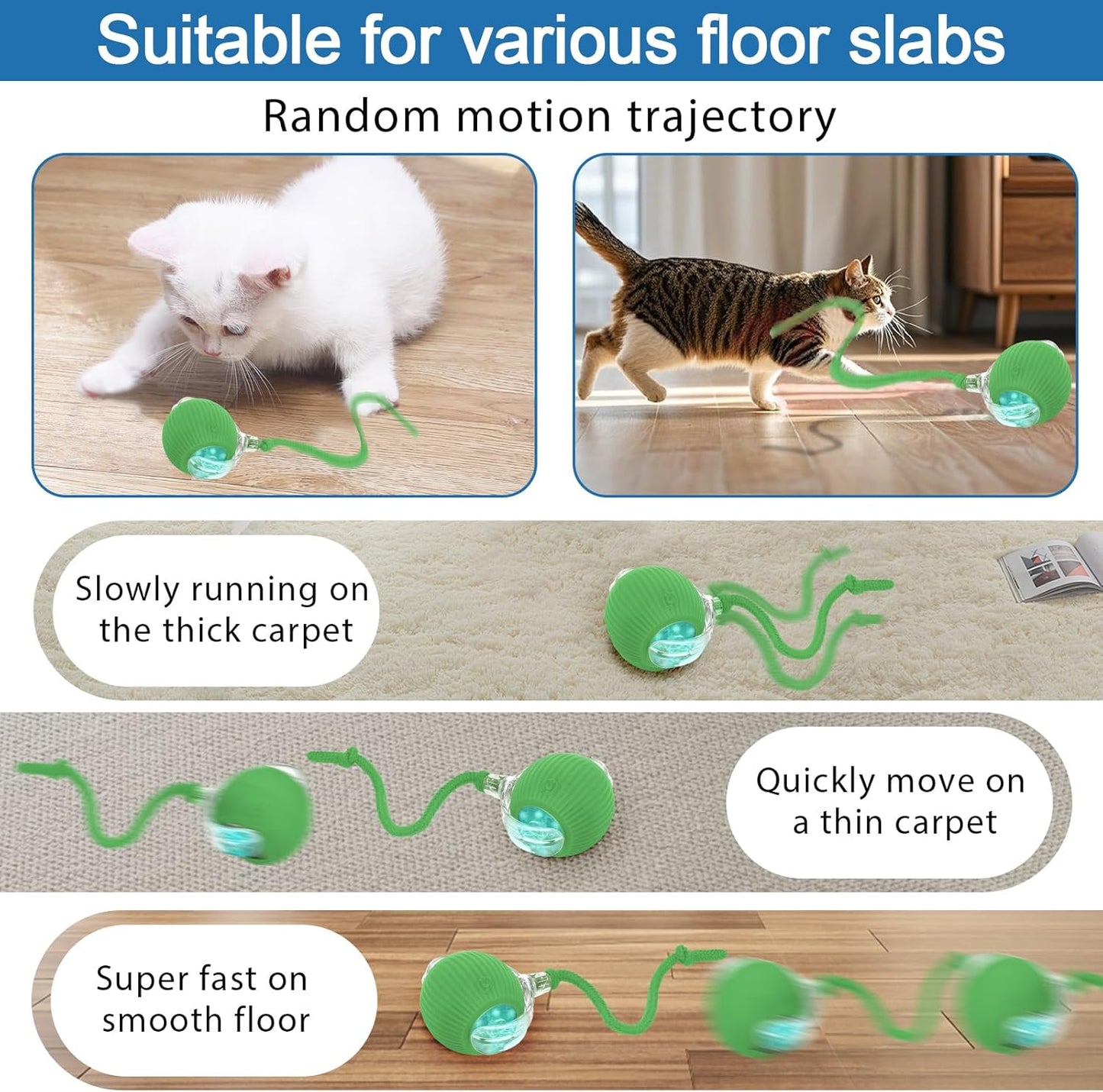 Interactive cat Toys for Indoor Cats, Speedy Tail 3.0 Cat Toy, Motion Activate cat Toy Ball，Automatic Toys for Bored Indoor Cats, Speedy Tail 2.0 Cat Toy, Rechargeabl(Green)