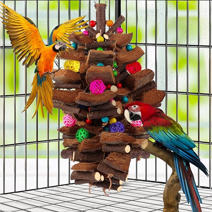Kyouki Bird Toy for Parrots，Cockatiels, Budgies, Conures, Macaws, Lovebirds, Amazons and Other Small/Medium/Large Birds - Chewable & Shreddable Natural Coconut Husk Enrichment Toy (Large)