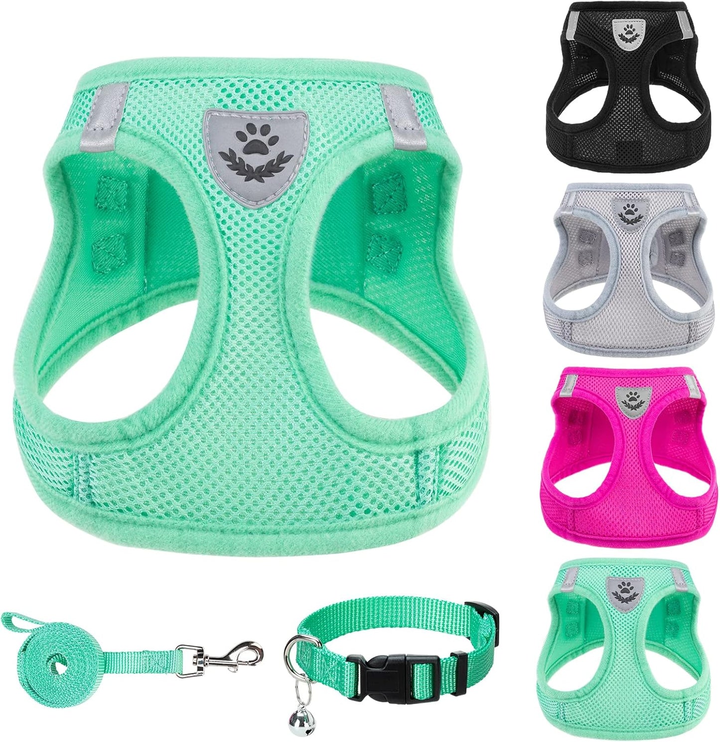 PUPTECK Adjustable Dog Harness Collar and Leash Set Step in No Pull Pet Harness for Small Medium Dogs Puppy and Cats Outdoor Walking Running, Soft Mesh Padded Reflective Vest Harnesses, Solid Green M