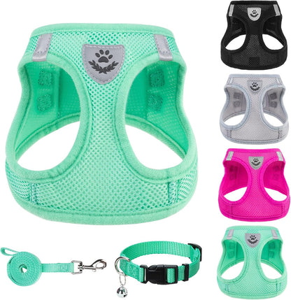 PUPTECK Adjustable Dog Harness Collar and Leash Set Step in No Pull Pet Harness for Small Medium Dogs Puppy and Cats Outdoor Walking Running, Soft Mesh Padded Reflective Vest Harnesses, Solid Green S
