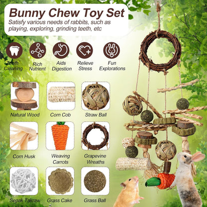 15PCS Rabbit Toys for Bunnies Boredom Enrichment with Chinchilla Hamster Rat Guinea Pig Bunny Toys for Rabbits Indoor Wooden Hanging Bunny Rabbit Chew Toy for Teeth Keep Busy Grass Sticks Treat Balls