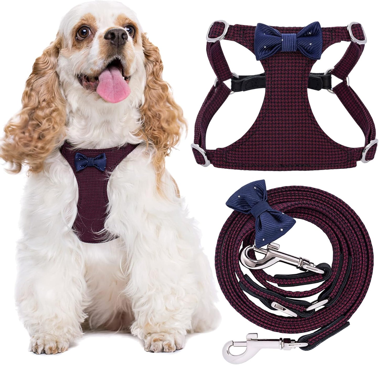 Puppytie No Pull Dog Harness with Multifunction Dog Leash,Soft Adjustable No Choke Escape Proof Pet Harness Vest for Medium Dogs,Plaid deep red,M