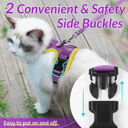 rabbitgoo Cat Harness and Leash for Walking, Escape Proof Soft Adjustable Vest Harnesses for Cats, Easy Control Breathable Reflective Strips Jacket, Purple&Yellow,S