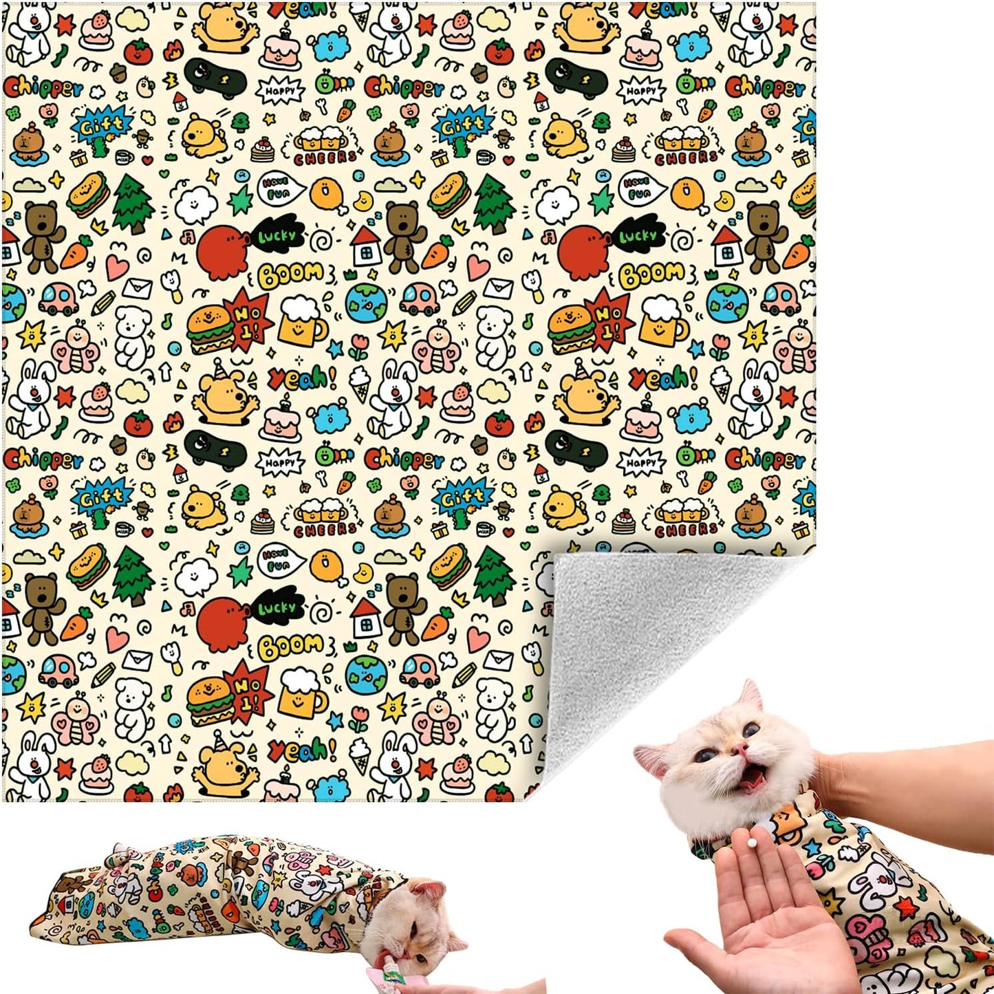 Cat Grooming Wrap, Self-Adherent Soft Cat Blanket to Wrap, Nail Clipping, Anti-Bite, Anti-Scratch, Anti-Escape Calming Wrap (Cute Prints, 10-13 lbs)