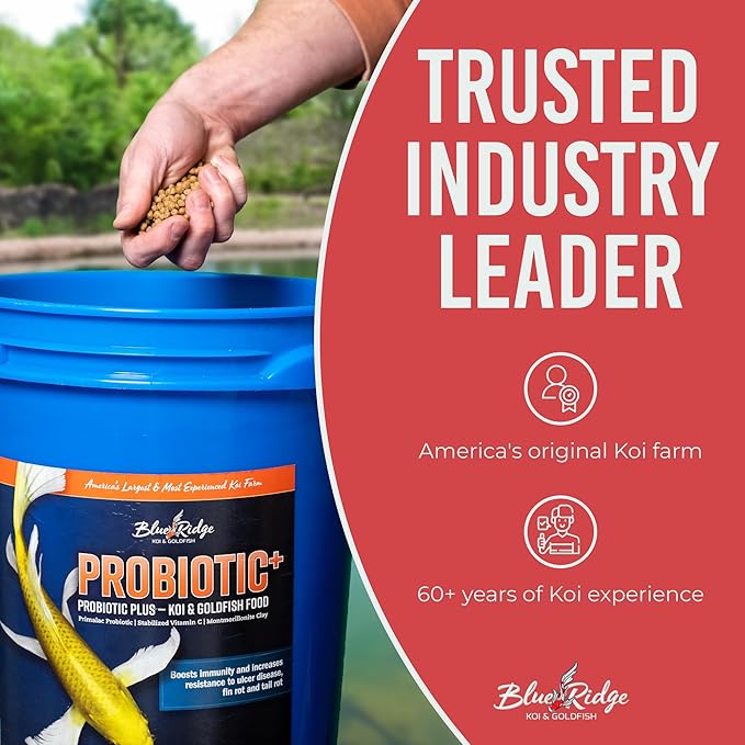 Blue Ridge Koi Fish Food 14lb - Koi Food 3/16” Probiotic Plus, Goldfish Food, Premium Fish Food for Ponds, Ponds Fish Food, Fall and Winter, Floating Pond Pellets