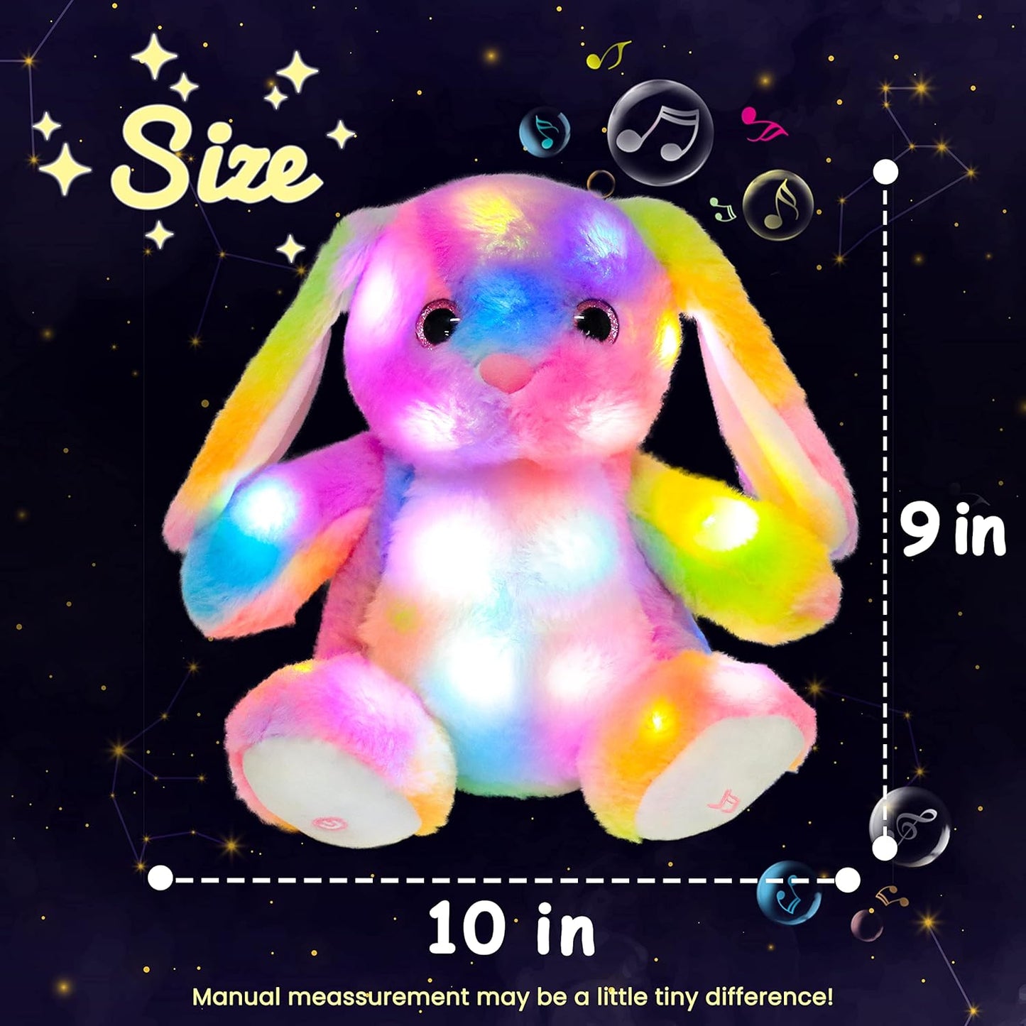 Hopearl LED Musical Stuffed Bunny Colorful Lighting Up Singing Plush Rabbit Adjustable Volume Lullaby Animated Soothe Birthday Festival for Kids Toddlers, 10''