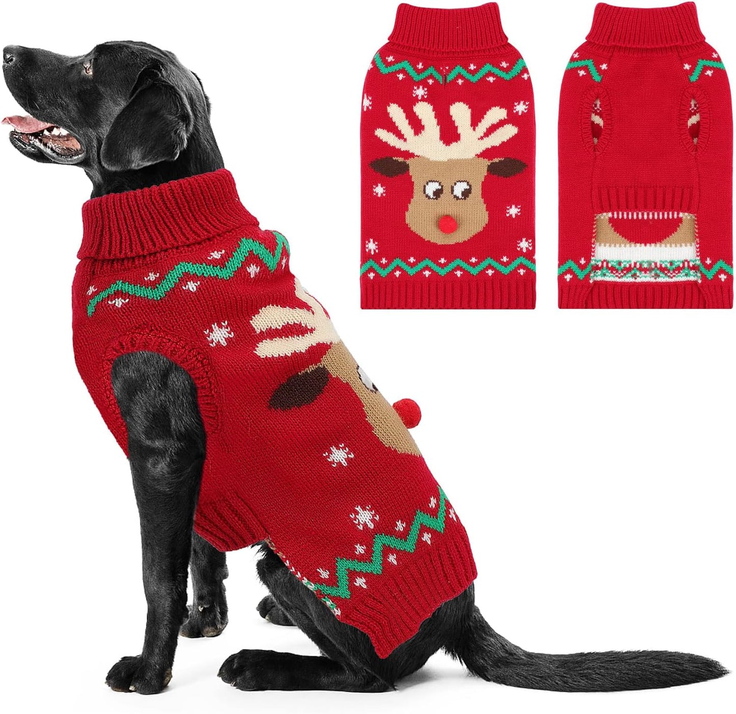 Christmas Dog Turtleneck Sweater Winter Reindeer Snowflake Sweater with Leash Hole Puppy Knitwear Pullover Holiday Sweaters for Small Medium Large Dogs XL