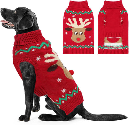 Christmas Dog Turtleneck Sweater Winter Reindeer Snowflake Sweater with Leash Hole Puppy Knitwear Pullover Holiday Sweaters for Small Medium Large Dogs XL