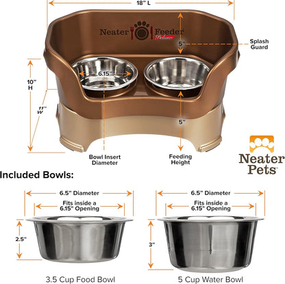 Neater Pet Brands Neater Feeder Deluxe Mess Proof Dog Bowls Elevated for Medium Dogs 19-40 lbs, Made in USA, No Spill Raised Dog Food Bowl Stand Feeding Station, Food and Water Bowl Set, Bronze
