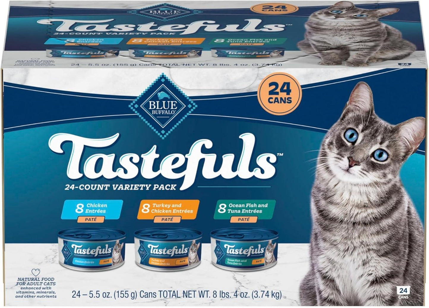 Blue Buffalo Tastefuls Wet Cat Food Paté Variety Pack, Made with Natural Ingredients, Chicken, Turkey & Chicken, Ocean Fish & Tuna Entrées, 5.5-oz Cans (24 Count, 8 of Each)