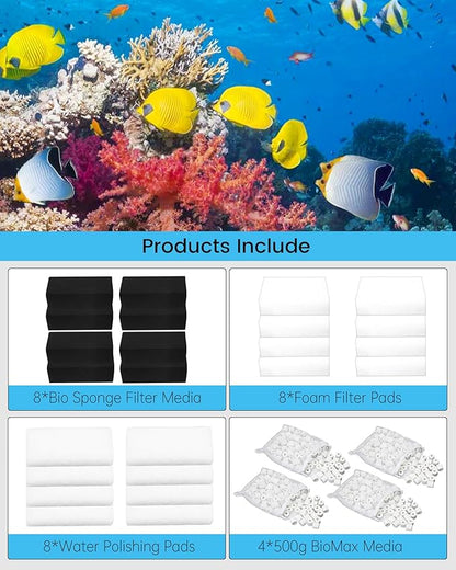 8 Set Three-Stage Filters Media Maintenance Kit for AquaClear 70 Power Filter, for 40-70 Gallon Aquariums with Bio Sponge Filter Media, Foam Filter Pads, Water Polishing Pads, 2KG BioMax Media