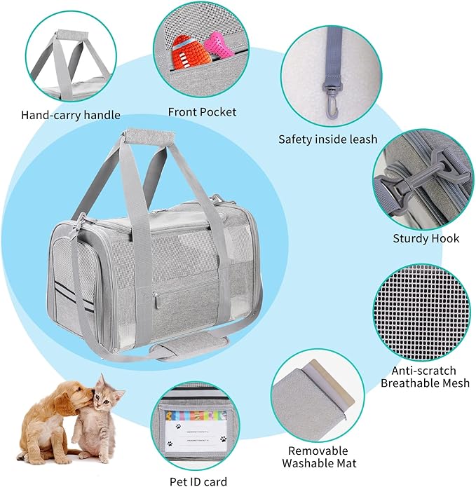 Soft Sided Cat Carrier for Small Cats Puppies up to 15 Lbs, Airline Approved Pet Carrier Collapsible Travel Puppy Carrier with Reflective Strip, Grey