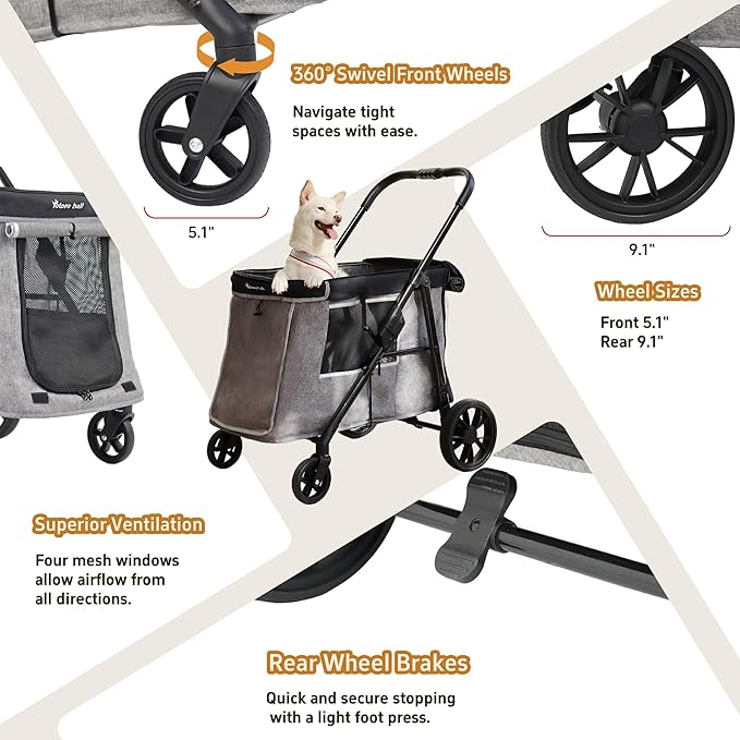 Medium Dog Stroller for Small to Large Dogs 4 Wheels Multi Pet Stroller for 4 Dogs Holds Up to 40lbs, One-Click Folding&Smooth Tires&Sunshade & Storage Basket (Gray, Medium)