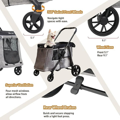 Medium Dog Stroller for Small to Large Dogs 4 Wheels Multi Pet Stroller for 4 Dogs Holds Up to 40lbs, One-Click Folding&Smooth Tires&Sunshade & Storage Basket (Gray, Medium)