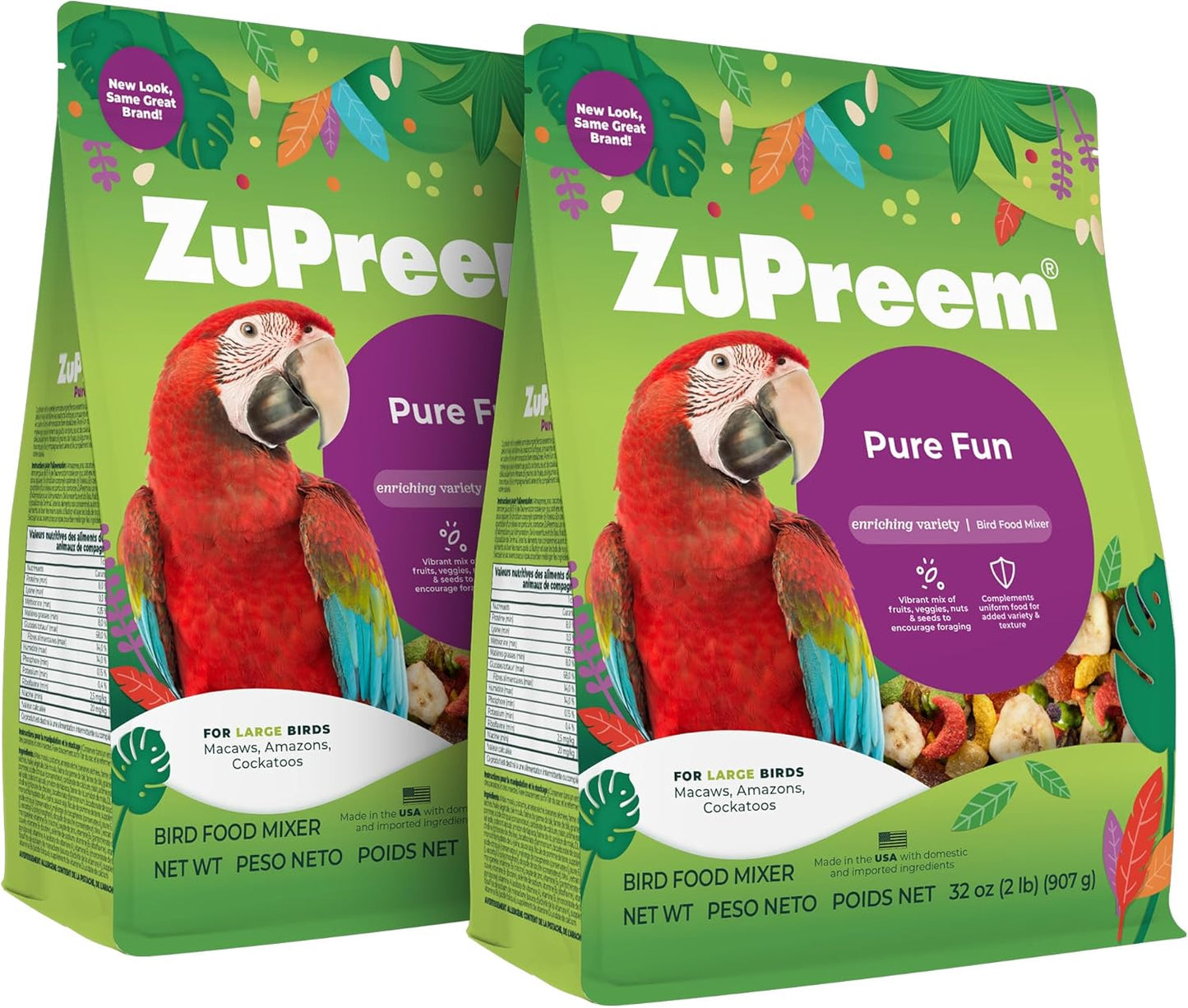 ZuPreem Pure Fun Bird Food for Large Birds, 2 lb (Pack of 2) - Variety Blend of Fruit, FruitBlend Pellets, Vegetables, Nuts for Amazons, Macaws, Cockatoos