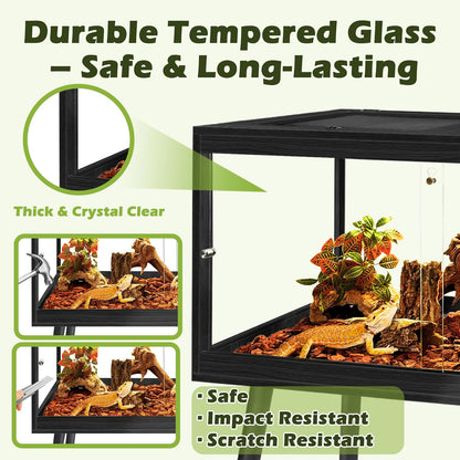 PROLEE Bearded Dragon Tank with Leg,Tempered Glass Lizard Tanks and Reptile Enclosure,Up to 78 Gallon Reptile Tank with Metal Mesh and Lockable Door for Snakes,Chameleon (Black, 78Gallons,48inch)