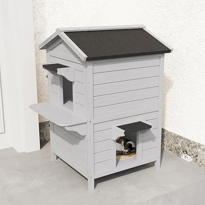 Outdoor Cat House Wooden Shelter: Large Weatherproof Pet Enclosure for Indoor or Feral Cats, 2-Tier Cat House for Outside Cats