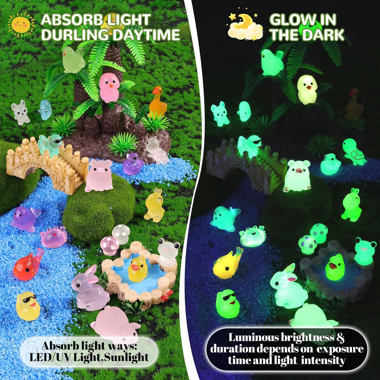 105PCS Mini Resin Animals Tiny Cute Figurines Glow in Dark, Miniature Figures to Hide, Little Animal Toys Small Accessories for Topper Desk Garden Dollhouse Landscape Aquarium Ornaments Crafts & Decor