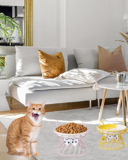 Elevated Cat Bowls with Non-Slip Metal Stand - Raised Food and Water Bowls, Fits Cats & Small Dogs - Dishwasher Safe