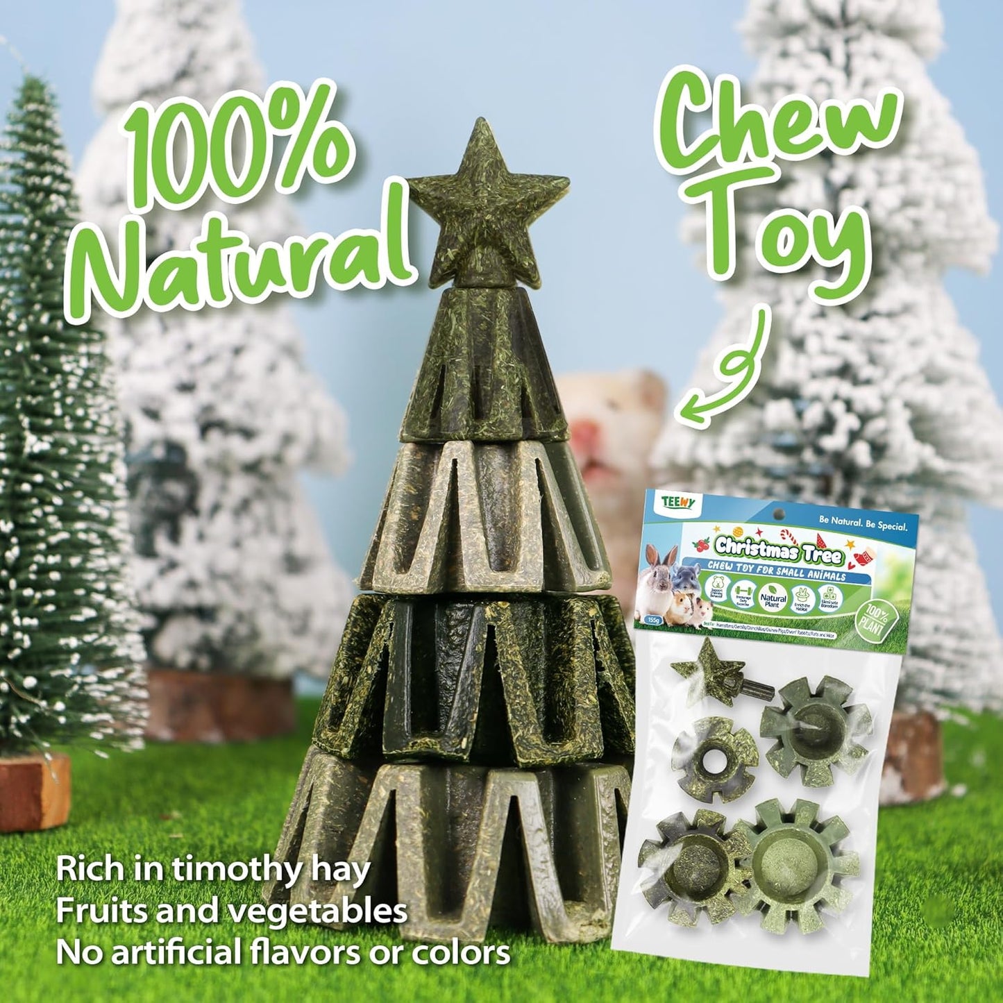 TEEWY Christmas Tree Guinea Pig Toys, Natural Vegetables, Fruits and Timothy, Hamster Chew Toys for Teeth, Guinea Pig Toys Enrichment, Small Animal Chew Toys for Chinchilla, Hamster, Rat, Gerbil