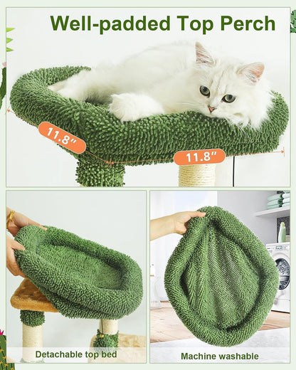 HOOPET 32IN Cactus Cat Tree for Indoor Cats - Multi-Level Cat Tower with Hammock, Condo, Scratching Posts, Self-Grooming Brush & Play Ball - Space-Saving Cat Furniture for Small Apartments
