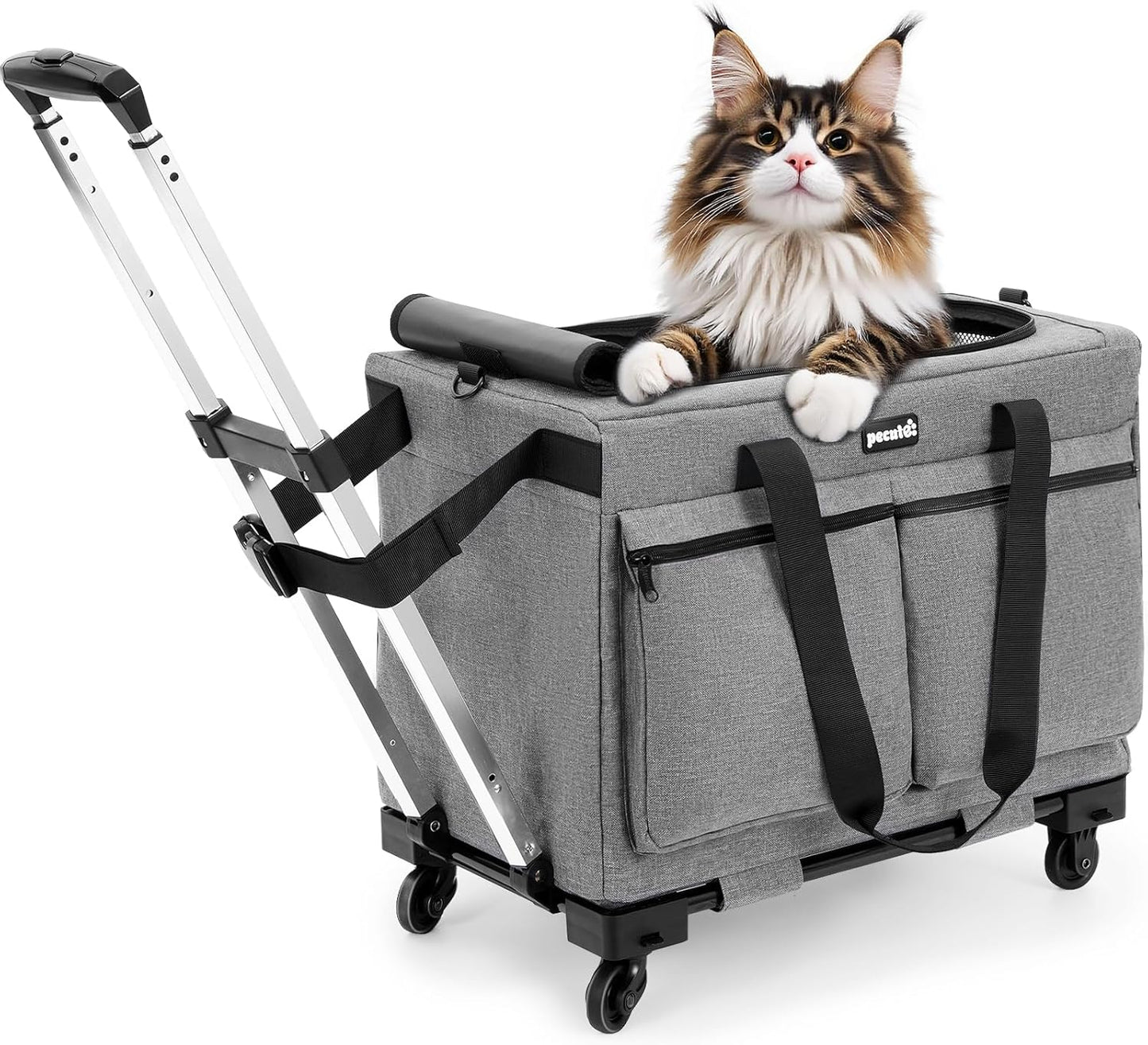 Pecute Cat Carrier with Wheels,Steel Wire Frame Cat Carrier, Stable Pet Trolley Bag for Cats, Pet Handbag and Stroller Bag, Portable Cat Carrier Bag for Car Travel Bus Subway, L, Grey