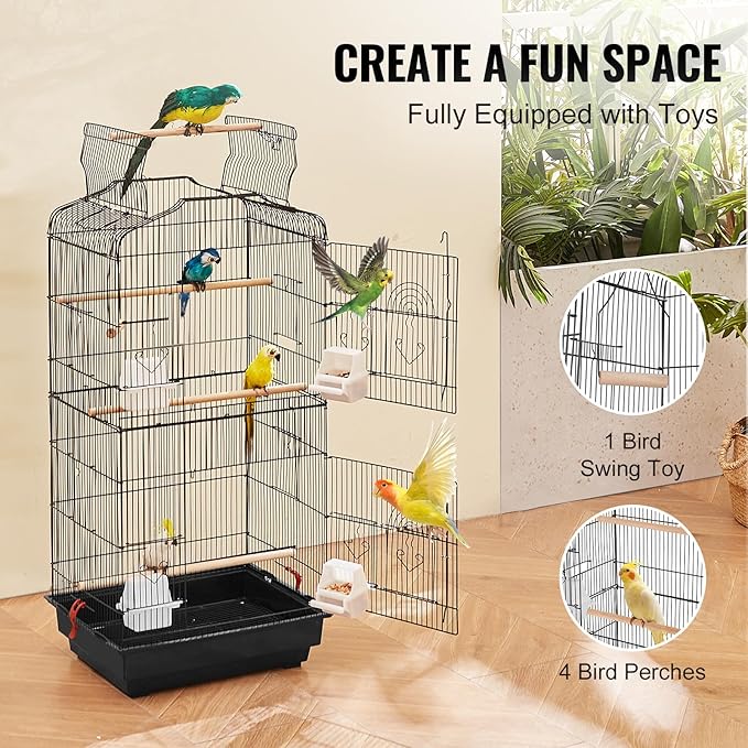 VEVOR 41-inch Open Top Large Parrot Bird Cage, Hanging Bird Cage for Parakeets Finches Canaries Lovebirds Cockatiels Budgies Small Quaker Conures Travel Pet Flight Birdcage with Swing and Perch