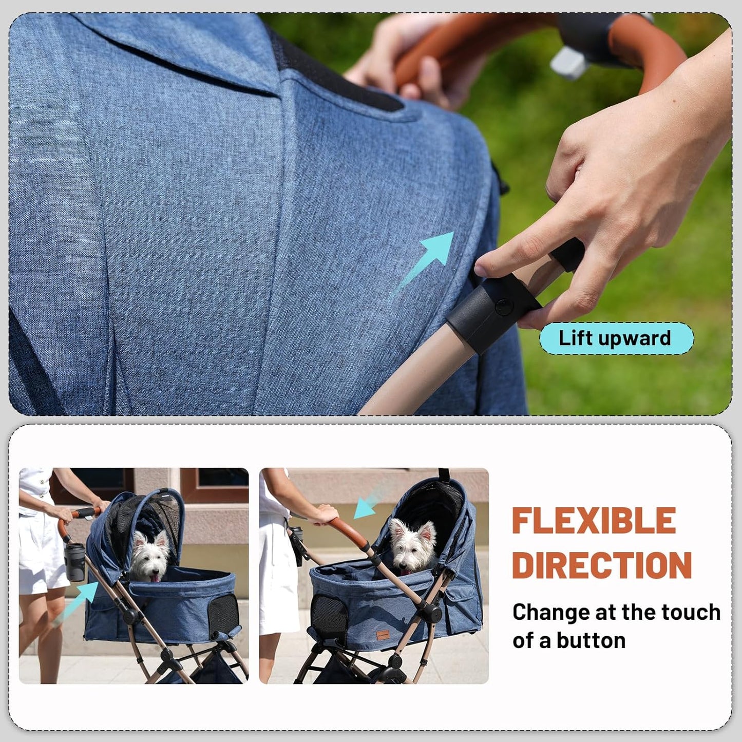 EchoSmile Small Medium Dogs Stroller 4-Wheel Pet Strollers for Medium Dogs Up to 50lbs, One Click Folding Large Cat Stroller, Reversible Handle, Shock Absorbing Wheels, Removable Washable Pad, Blue