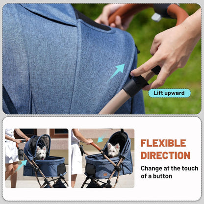 EchoSmile Small Medium Dogs Stroller 4-Wheel Pet Strollers for Medium Dogs Up to 50lbs, One Click Folding Large Cat Stroller, Reversible Handle, Shock Absorbing Wheels, Removable Washable Pad, Blue