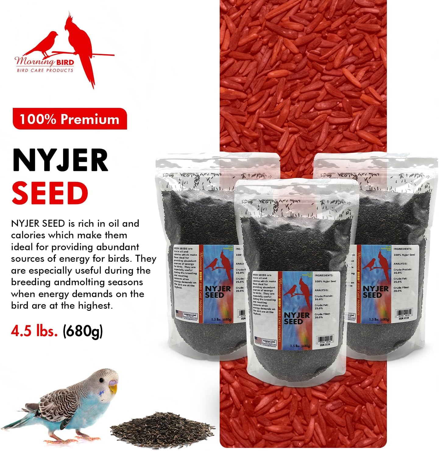 Morning Bird Nyjer Seed for Birds 4.5 lbs (3-Pack, 1.5 lbs Each)– Energizing Nutrition with Rich in Vitamins and Supplements – Ideal Bird Food for Breeding & Molting – Finch Seed for All Birds