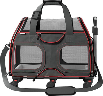 TSA and Airline Approved Pet Carrier with Wheels Katziela Luxury Rider for Dogs Cats Removable Base Flexible Top to Fit Under Seat Rolling Travel Bag (Black/Red)