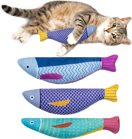 Soft Catnip Toys Fish, 3 Pack Bell Sound Cat Toys, Interesting Indoor Cat Kicker Toys, Durable and Highly Interactive Catnip Toys (Kingfish)