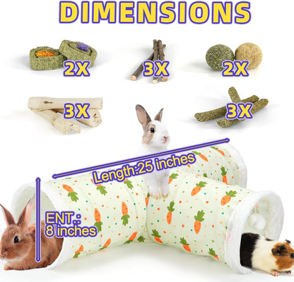 Bunny Tunnels & Tubes Collapsible 3 Way Rabbit Hideout with 13pcs Toys for Bunny Guinea Pig Hamster Chinchilla Hedgehog Rat Ferret Kitten (Fleece Carrot)