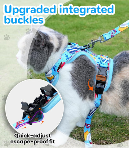 Halypet Cat Harness and Leash Set for Walking, Escape Proof Adjustable Vest Harness with 3-in-1 Integrated Buckles, Easy Control Soft Breathable Mesh with Reflective Strips for Cats, S, Azure Blue