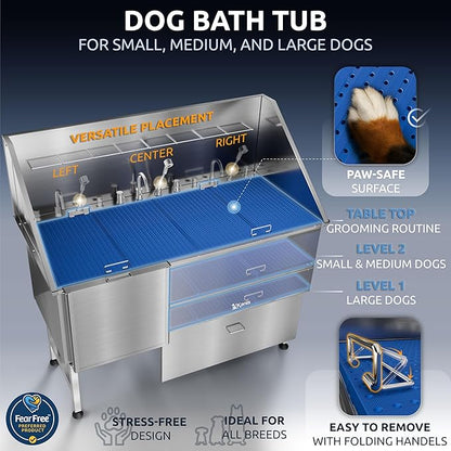 KANIS Professional Dog Washing Station - 304 Stainless Steel Pet Wash Sink & Grooming Bathtub w/Shower, Floor Grates and Storage for Large, Medium & Small Pets (61", 1 Drawer - Left Ramp)