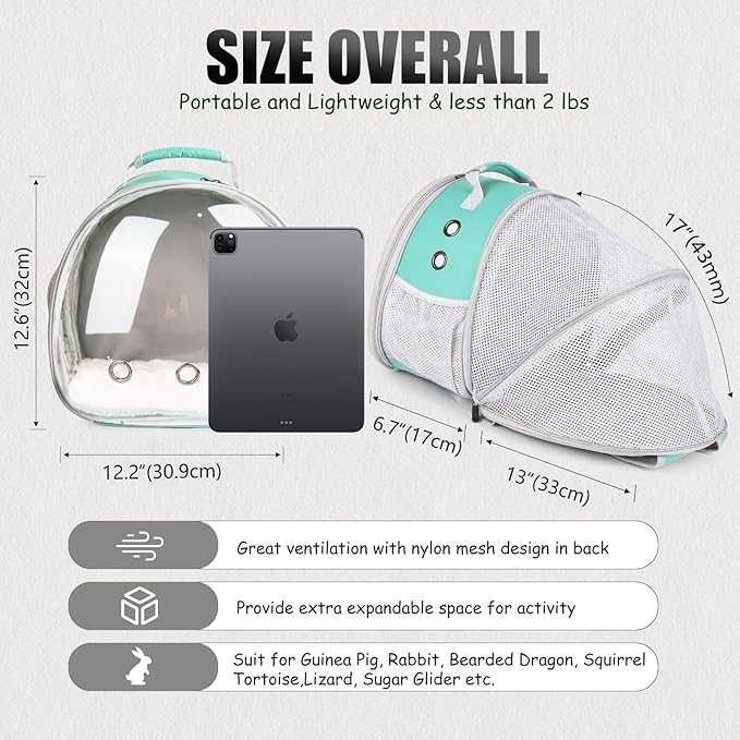 Back Expandable Backpack for Small Animals, Portable Travel Bag Breathable Pet Carrier Cages for Bunny, Guinea Pig, Bearded Dragon, Lizard, Rabbit, Squirrel, Tortoise, Kitten, Sugar Glider