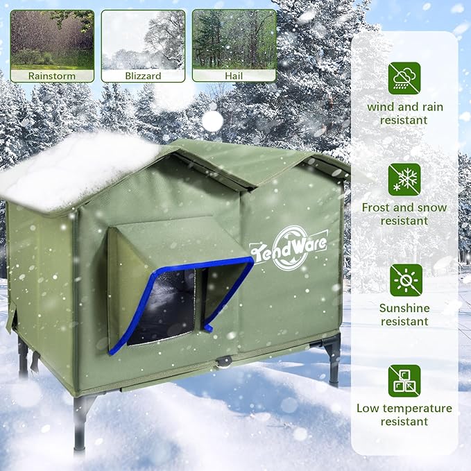 Heated Cat House for Outside Outdoor Cat House with Elevated Base Cat-Attracting Eave Design Feral Stray Shelter Weatherproof in Winter Garage Yard Porch Size L