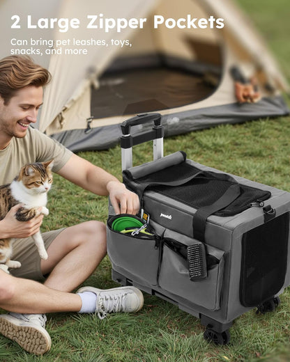 Pecute Cat Carrier with Wheels,Steel Wire Frame Cat Carrier, Stable Pet Trolley Bag for Cats, Pet Handbag and Stroller, Portable Cat Carrier Bag for Car Travel Bus Subway, Grey