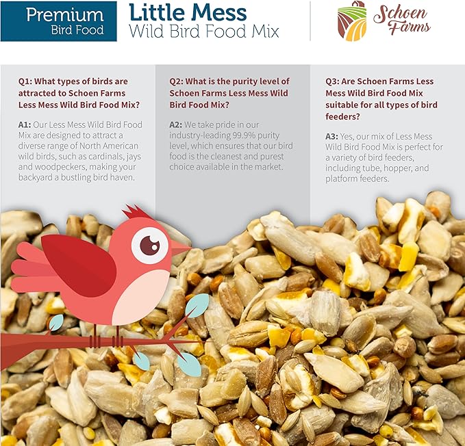 Schoen Farms Little Mess Wild Bird Food Mix – 10 lb Bag – No-Waste Seed Blend with Sunflower Hearts & Millet – Clean Backyard Feed for Finches, Jays & Cardinals