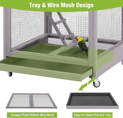 GUTINNEEN Large Bird Cage Outdoor Wooden Aviary Indoor on Wheels, with Play Stand, Perches, Nest Habitat & Wire Mesh Tray for Easy Cleaning