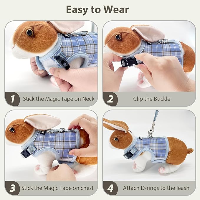 AIITLE Breathable Rabbit Harness and Leash Set - Plaid Pattern Padded Vest with Magic Tape Design, Dual D-Rings, Adjustable for Small Animal Pets, Indoor Outdoor Training Camping, Blue M