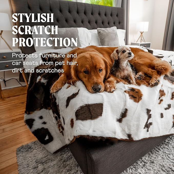 PupProtector Waterproof Throw Blanket for Dogs and Cats, Pet Blanket Cover for Couches, Sofas, Beds, Car Seats, Furniture, Calming Soft Faux Fur, Brown Cowhide, Original (60" L x 50" W)